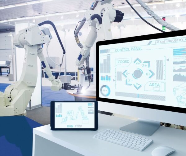 A robot, a tablet, a computer A robot, a tablet, a computer